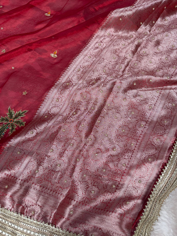 Sindoor Red Shubh Mangal Kalash Pure Tissue Silk Saree
