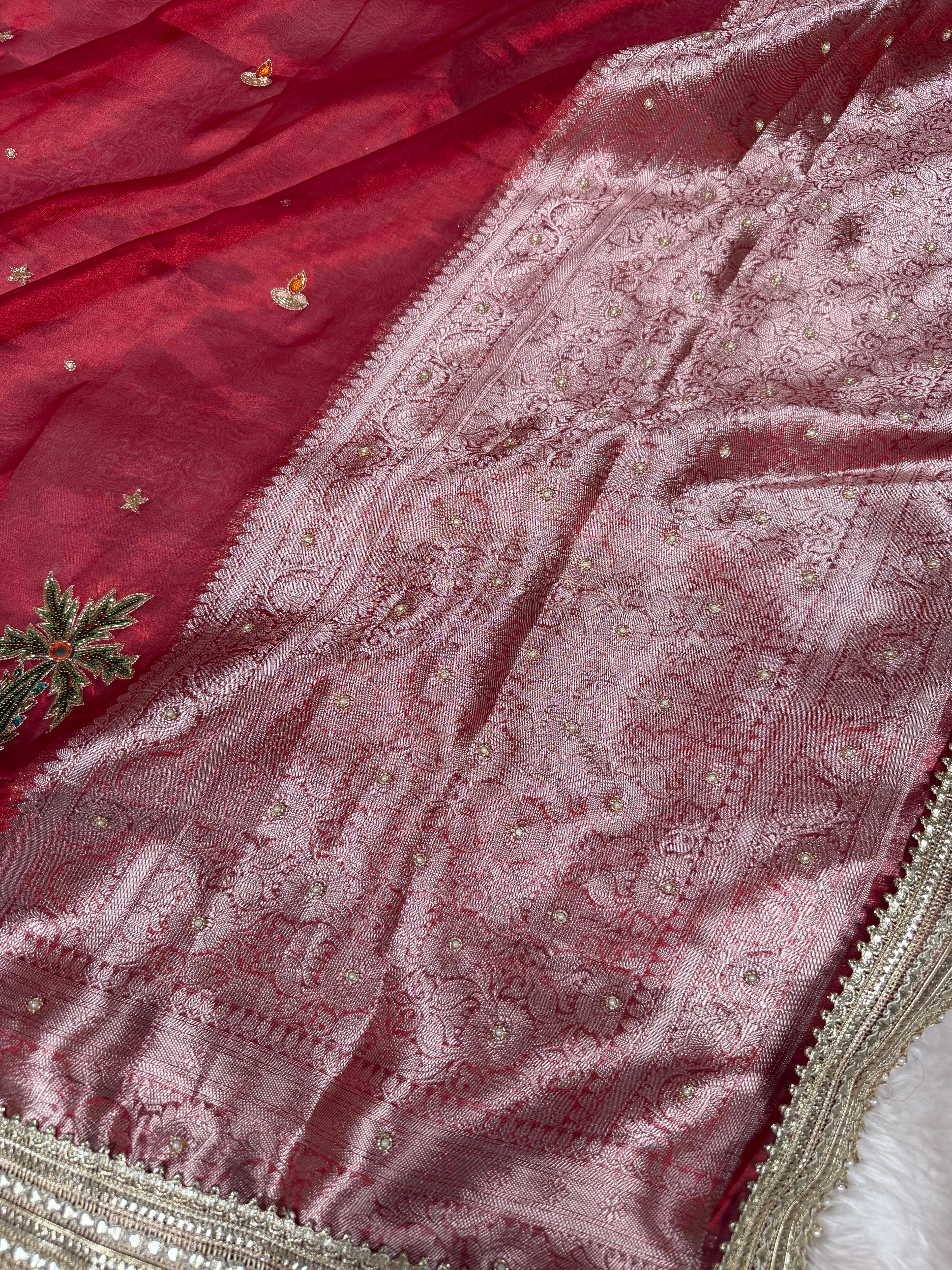 Sindoor Red Shubh Mangal Kalash Pure Tissue Silk Saree
