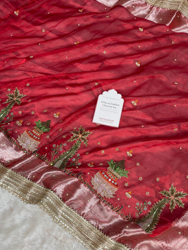 Sindoor Red Shubh Mangal Kalash Pure Tissue Silk Saree