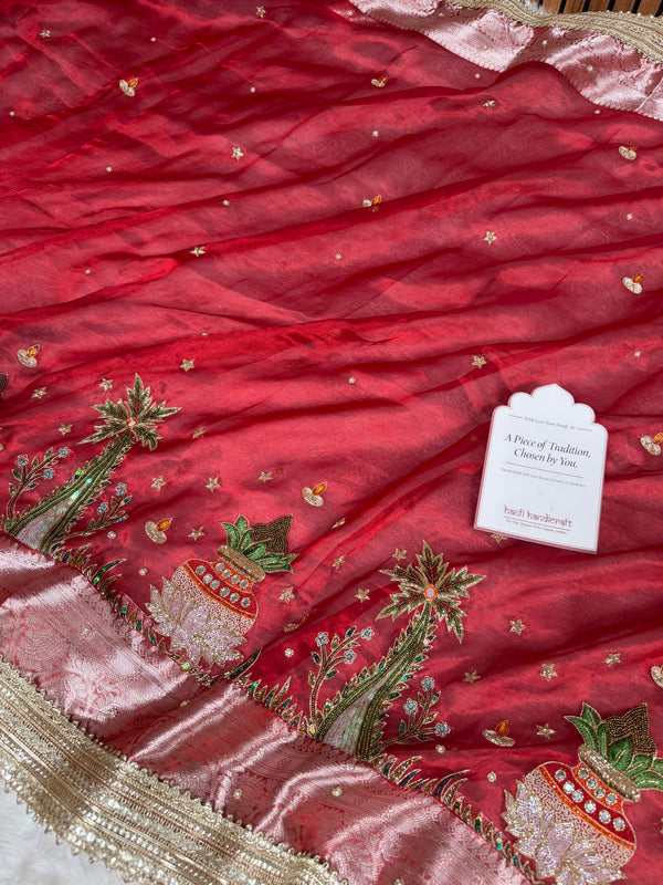 Sindoor Red Shubh Mangal Kalash Pure Tissue Silk Saree