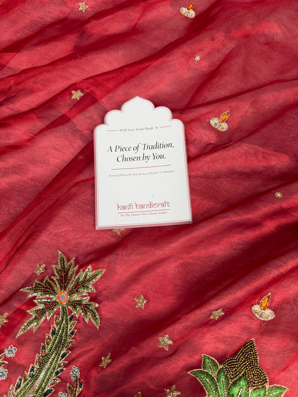 Sindoor Red Shubh Mangal Kalash Pure Tissue Silk Saree