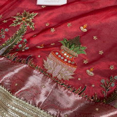 Sindoor Red Shubh Mangal Kalash Pure Tissue Silk Saree