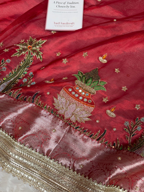 Sindoor Red Shubh Mangal Kalash Pure Tissue Silk Saree