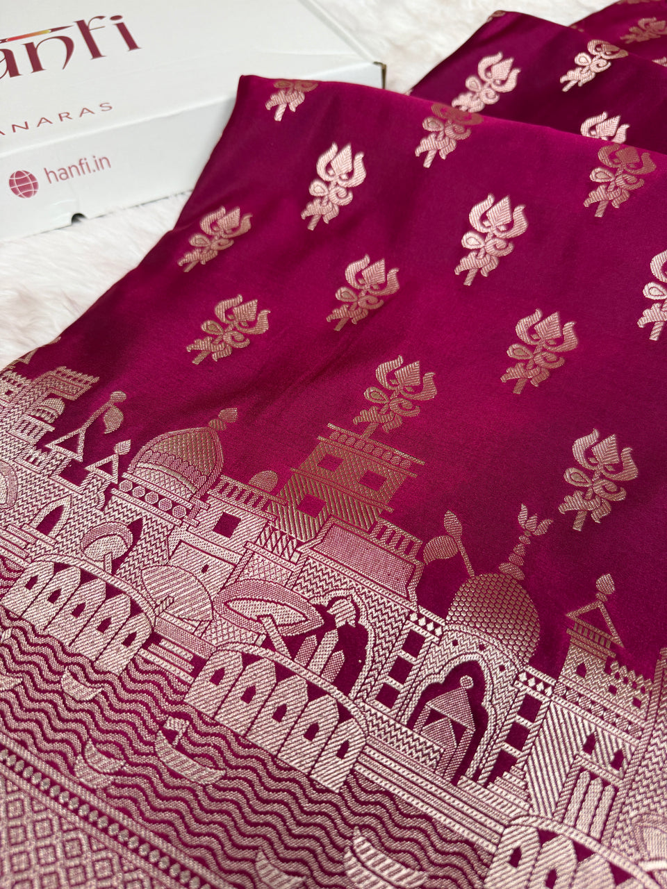 Magenta Wine Trishul Ghat Banarasi Mashru Silk Saree