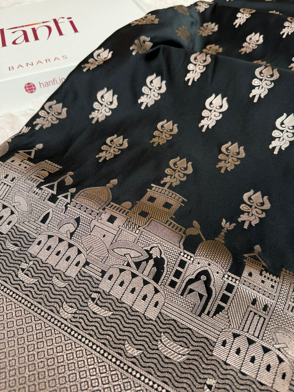Jade Black Trishul Ghat Banarasi Mashru Silk Saree