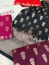 Jade Black Trishul Ghat Banarasi Mashru Silk Saree