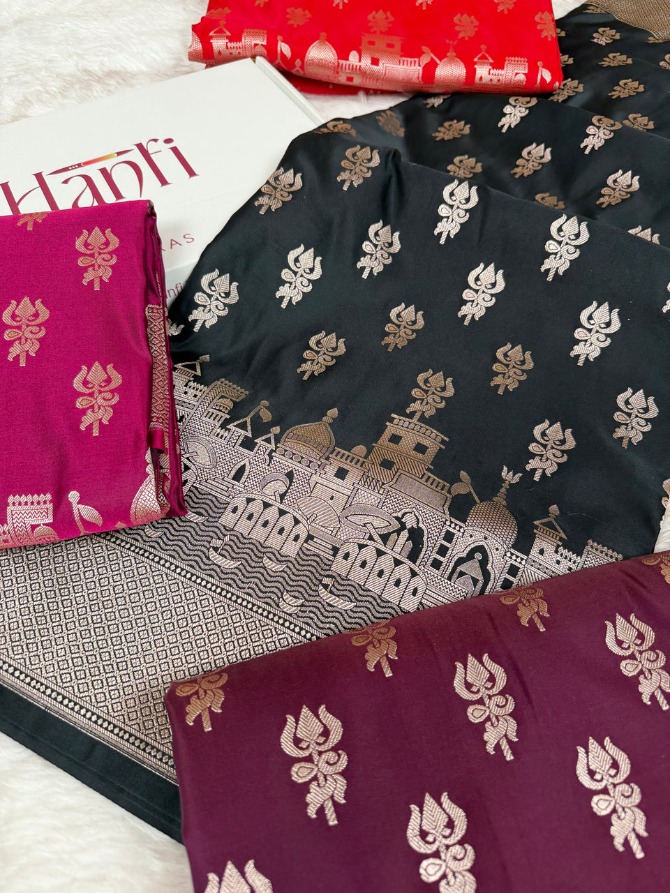Jade Black Trishul Ghat Banarasi Mashru Silk Saree