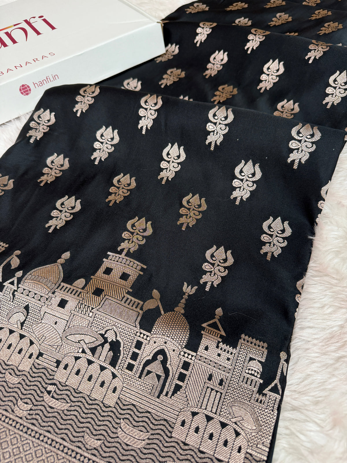 Jade Black Trishul Ghat Banarasi Mashru Silk Saree