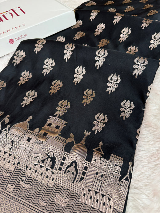 Jade Black Trishul Ghat Banarasi Mashru Silk Saree