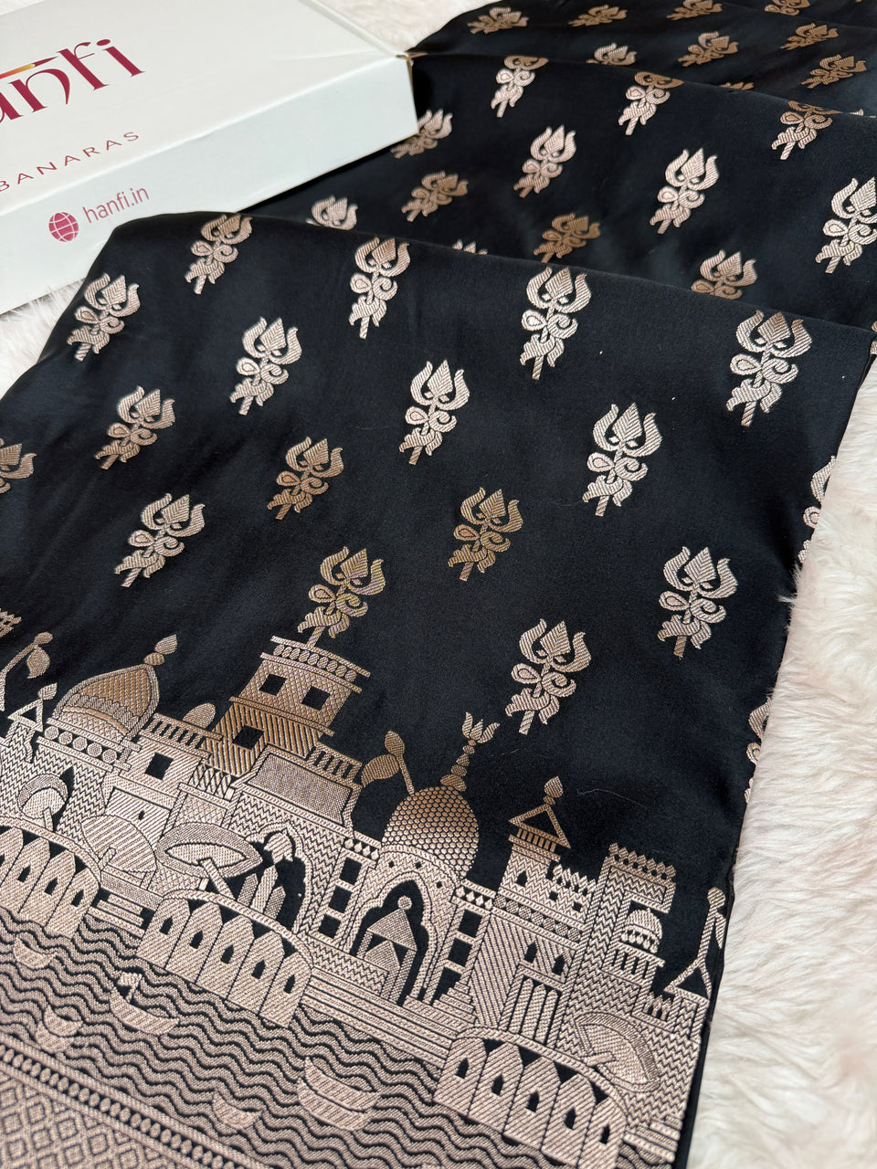 Jade Black Trishul Ghat Banarasi Mashru Silk Saree