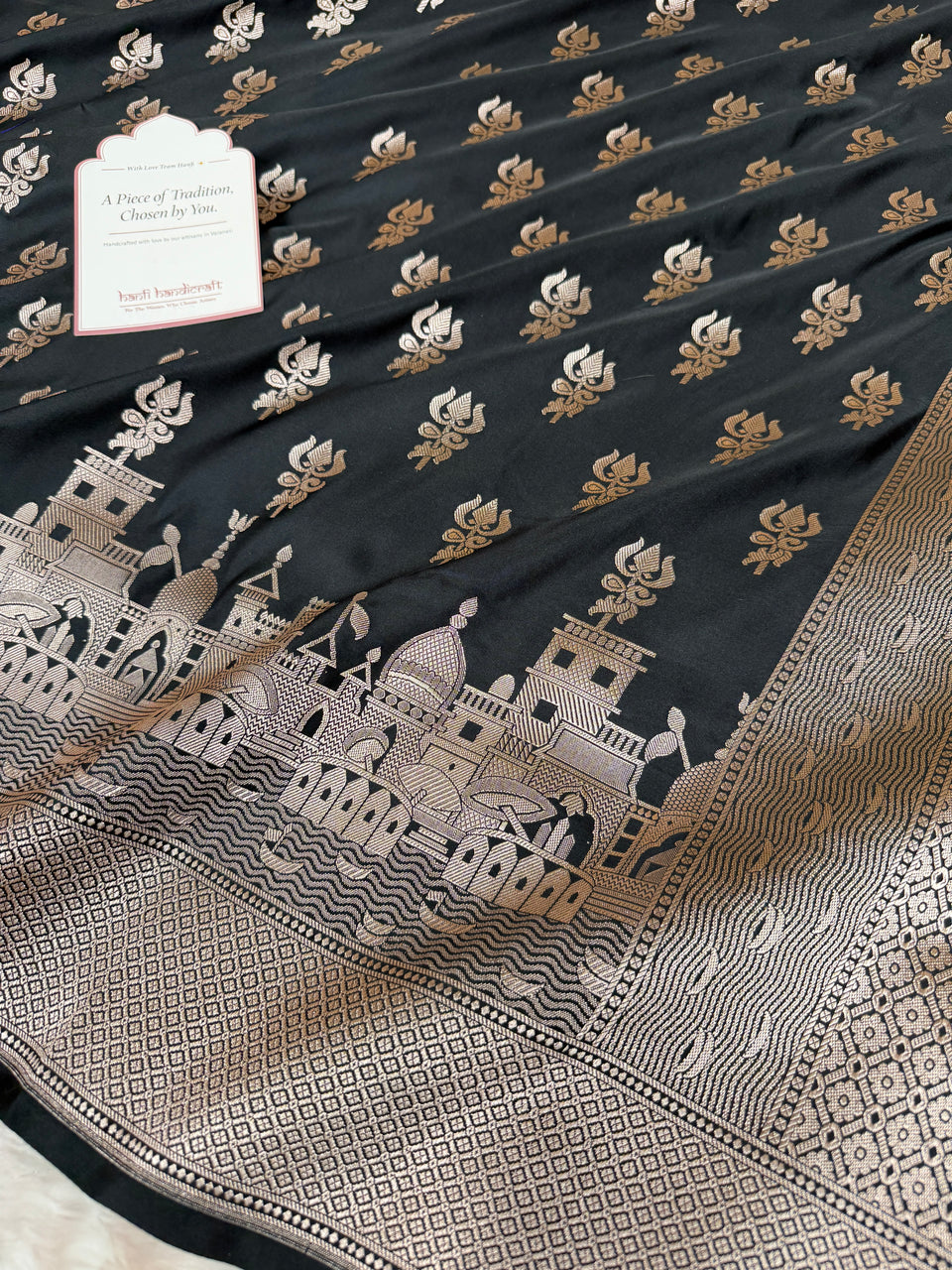 Jade Black Trishul Ghat Banarasi Mashru Silk Saree