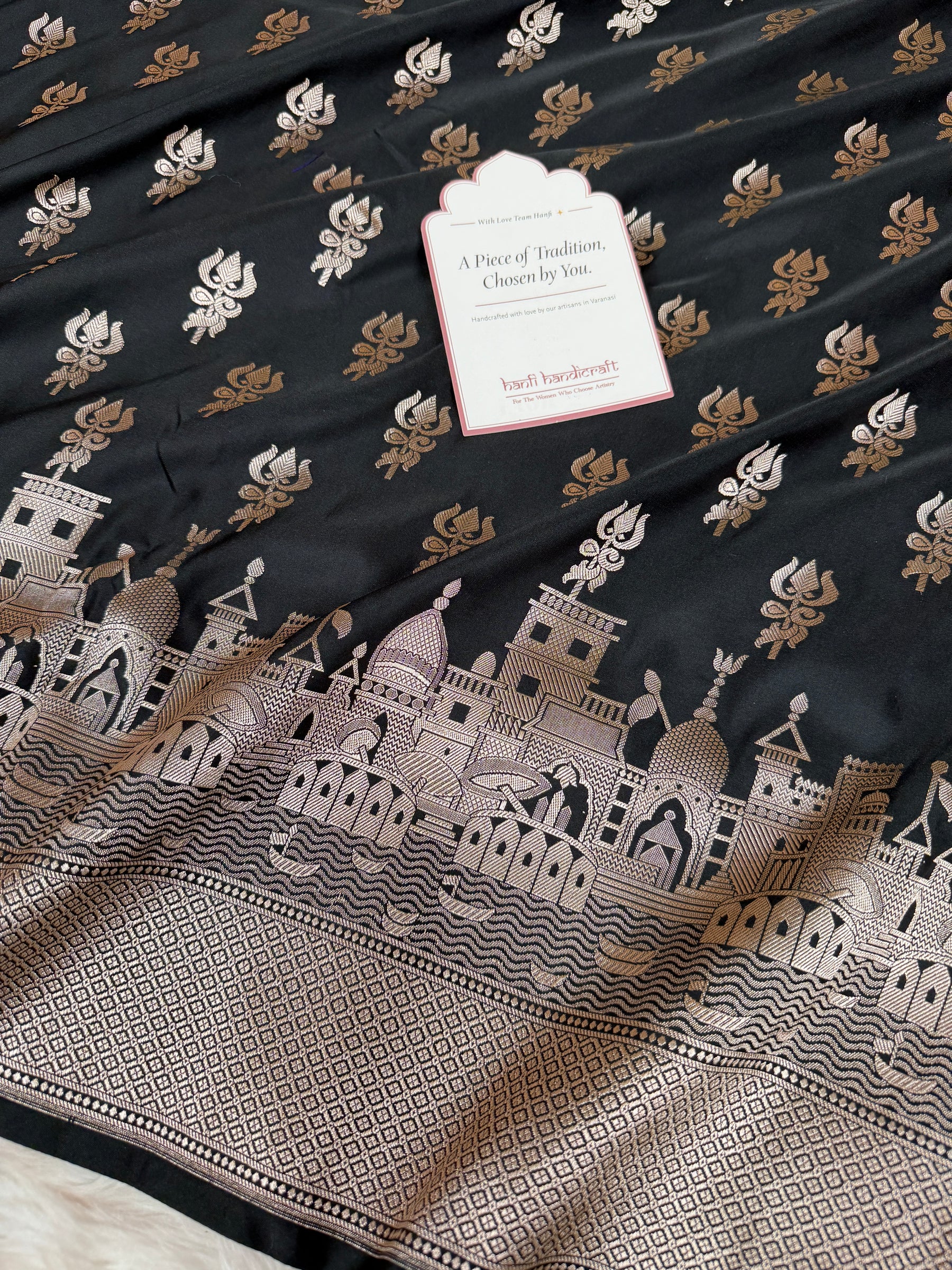 Jade Black Trishul Ghat Banarasi Mashru Silk Saree