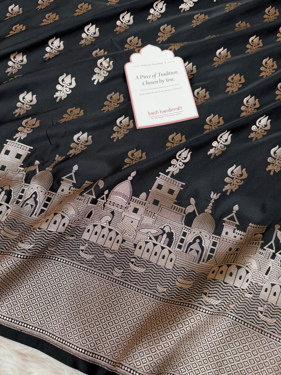 Jade Black Trishul Ghat Banarasi Mashru Silk Saree