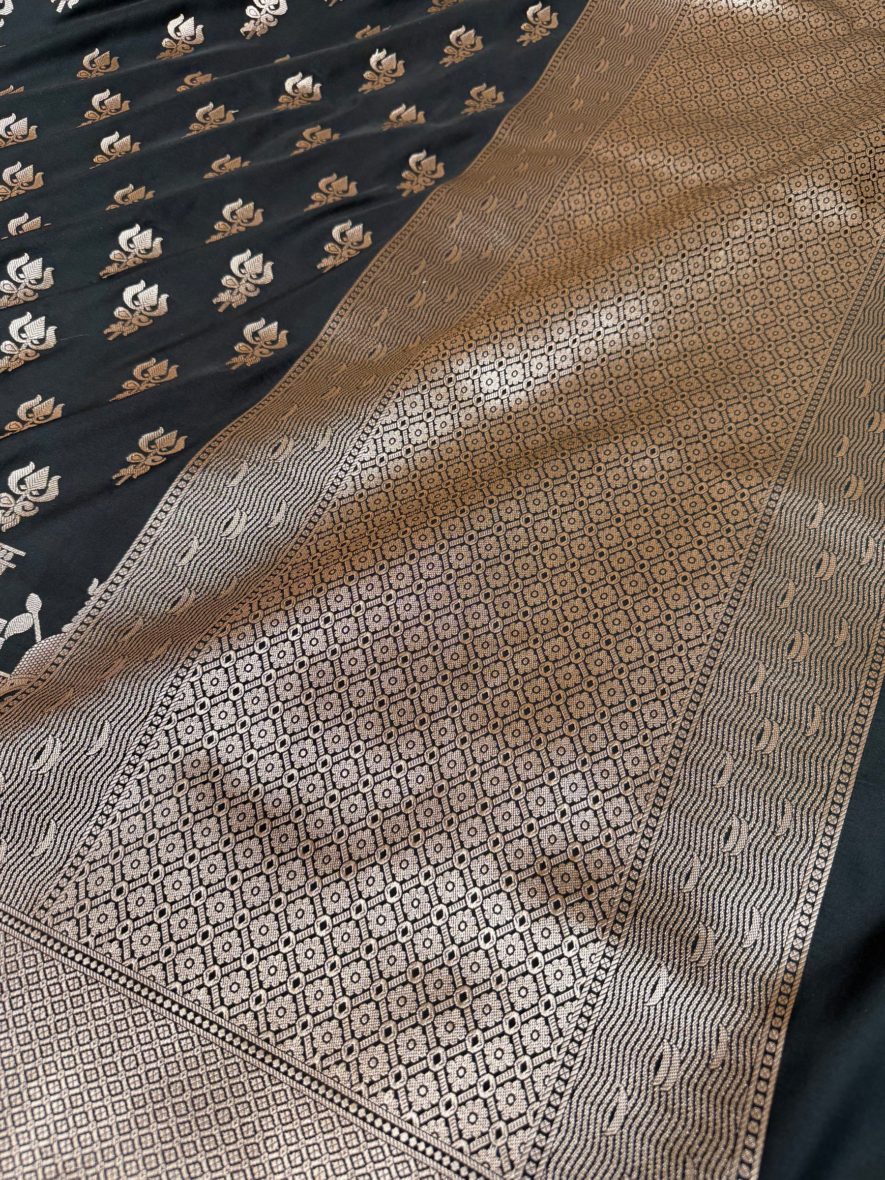 Jade Black Trishul Ghat Banarasi Mashru Silk Saree