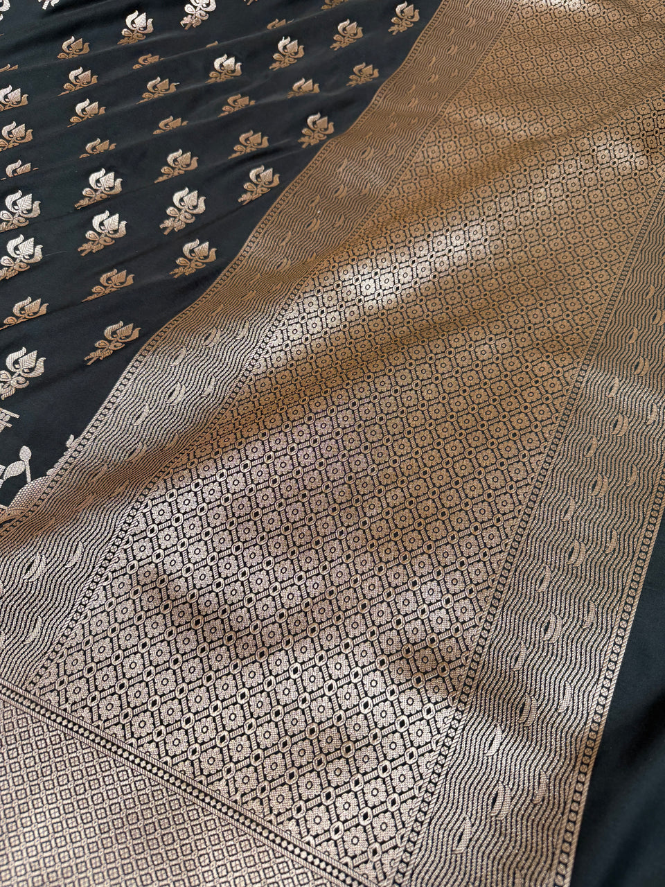 Jade Black Trishul Ghat Banarasi Mashru Silk Saree
