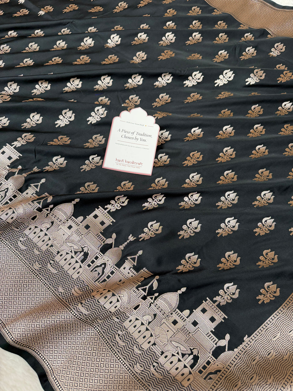 Jade Black Trishul Ghat Banarasi Mashru Silk Saree
