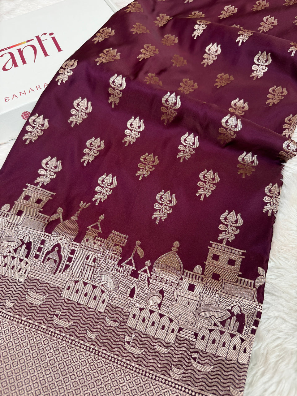 Garnet Wine Trishul Ghat Banarasi Mashru Silk Saree