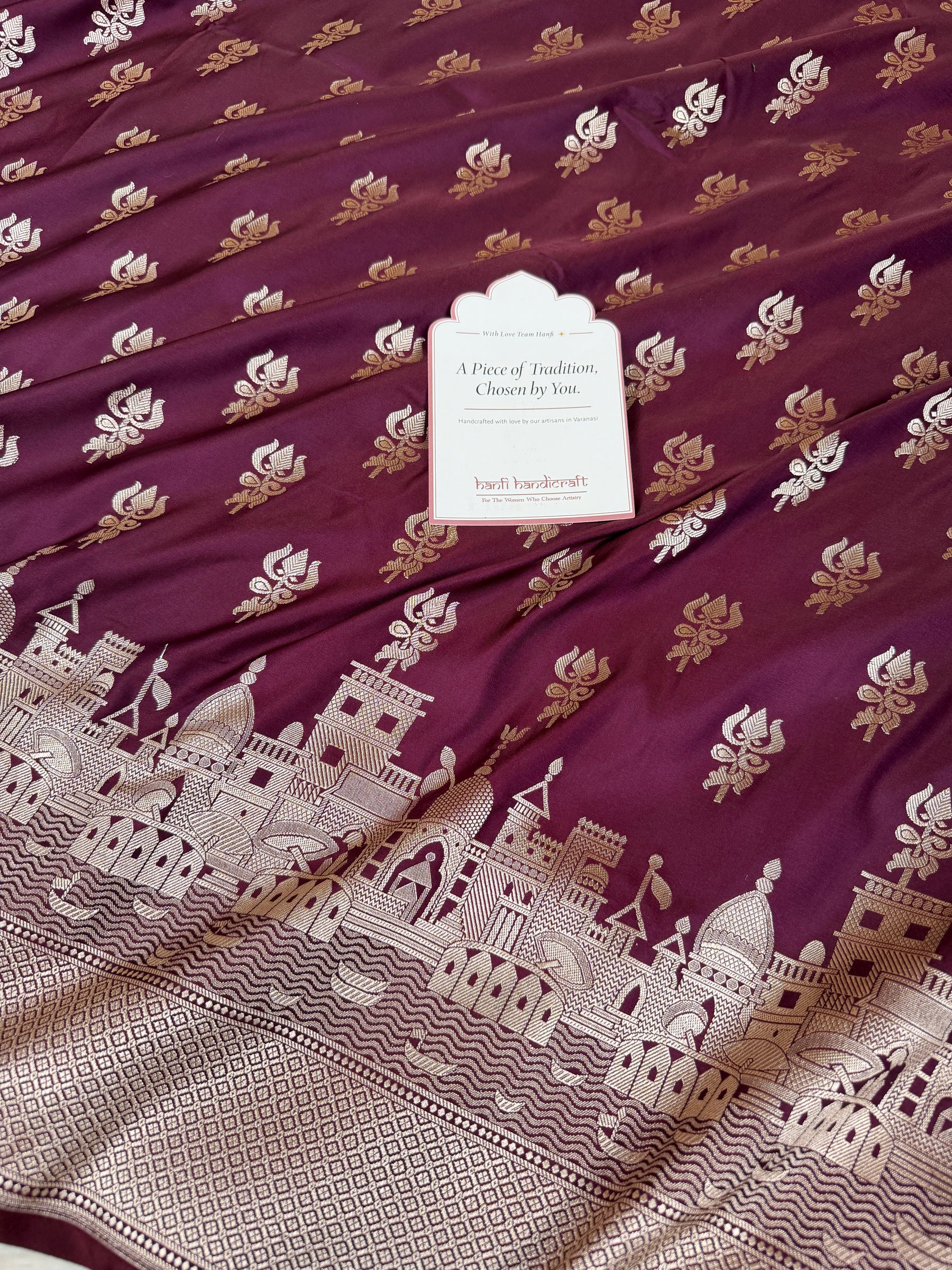 Garnet Wine Trishul Ghat Banarasi Mashru Silk Saree