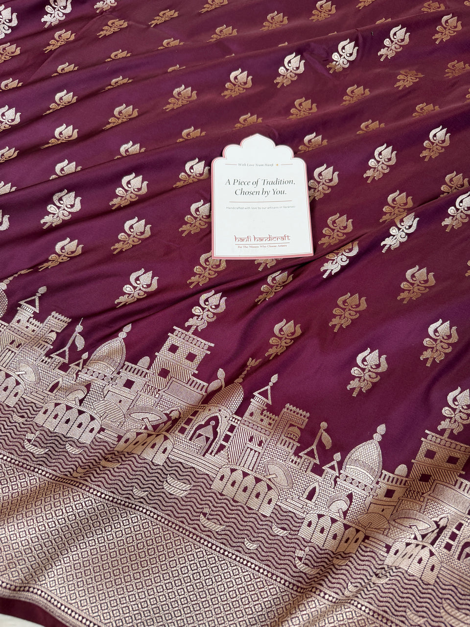 Garnet Wine Trishul Ghat Banarasi Mashru Silk Saree