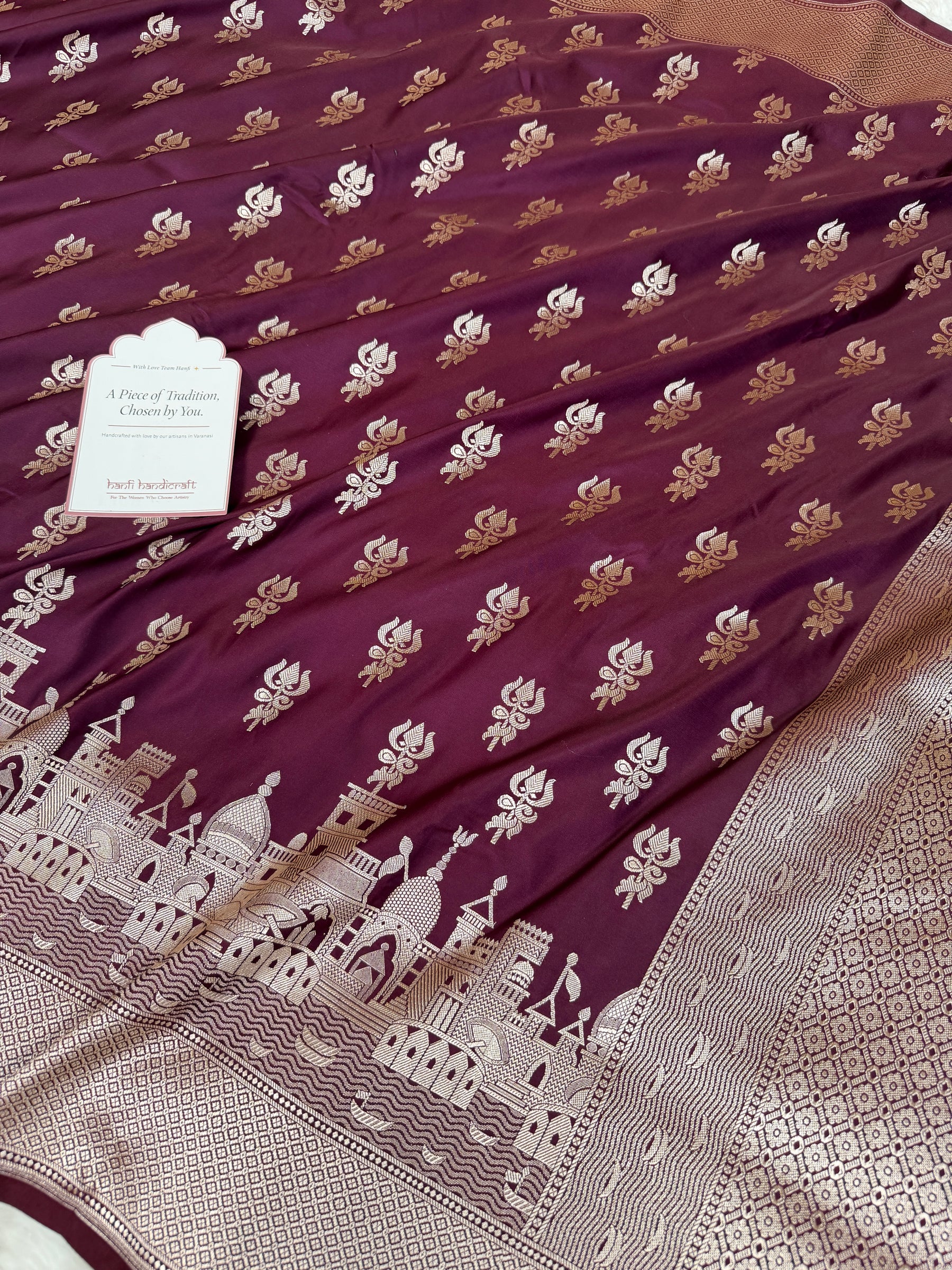 Garnet Wine Trishul Ghat Banarasi Mashru Silk Saree