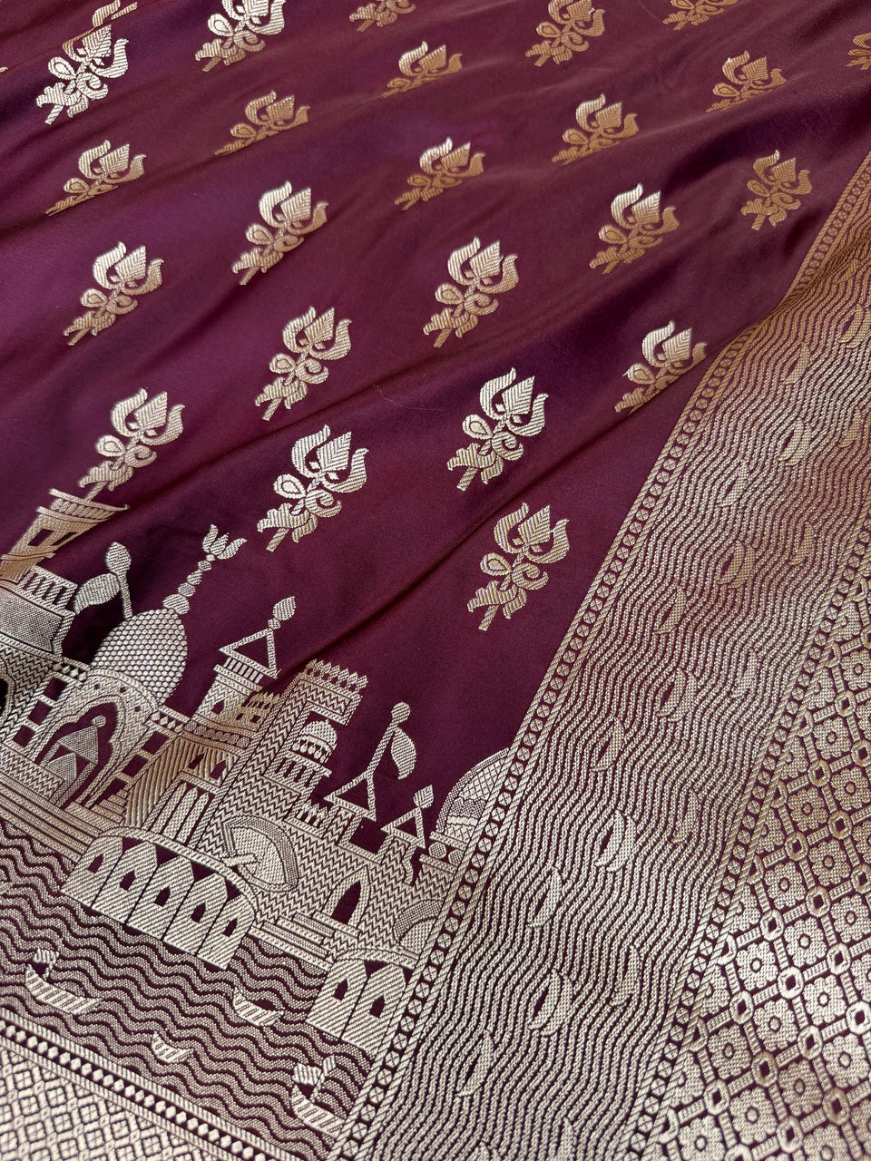 Garnet Wine Trishul Ghat Banarasi Mashru Silk Saree