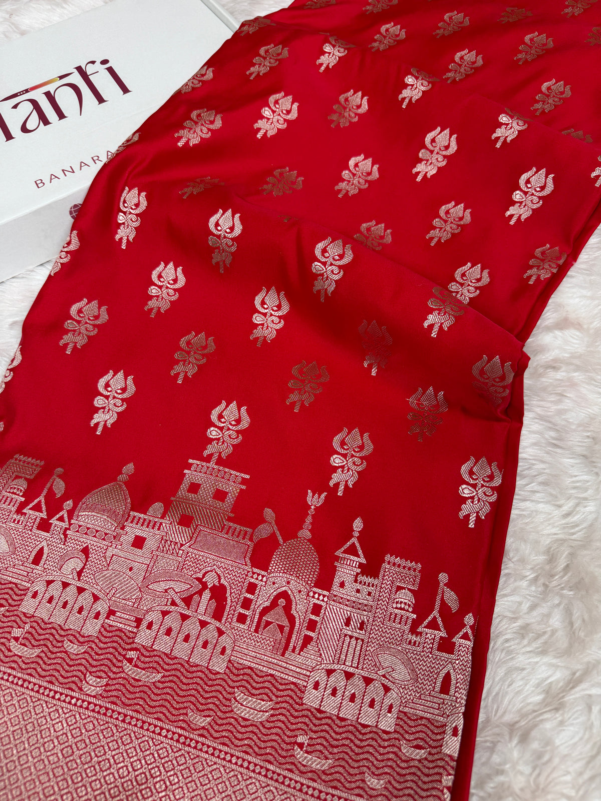 Ruby Red Trishul Ghat Banarasi Mashru Silk Saree