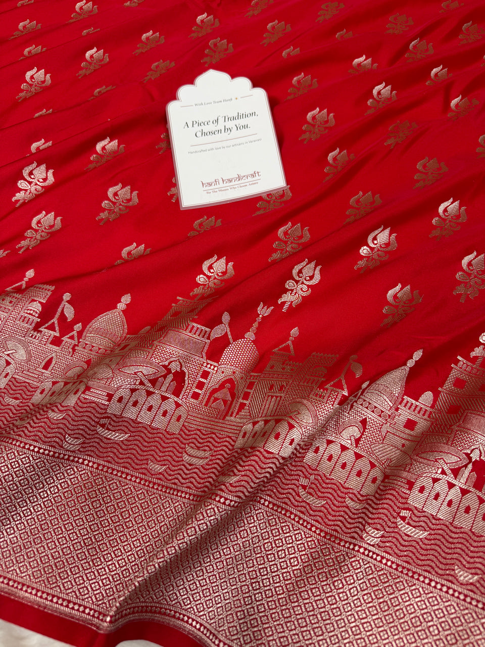 Ruby Red Trishul Ghat Banarasi Mashru Silk Saree