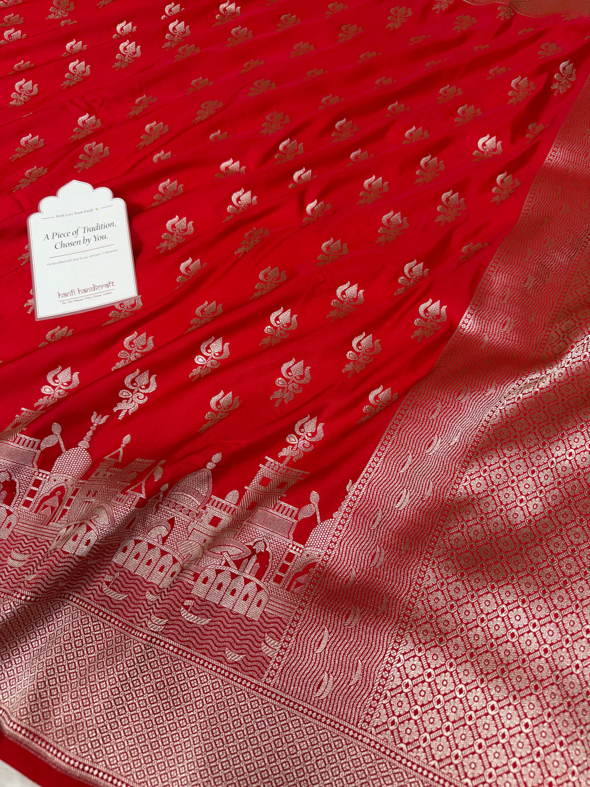 Ruby Red Trishul Ghat Banarasi Mashru Silk Saree