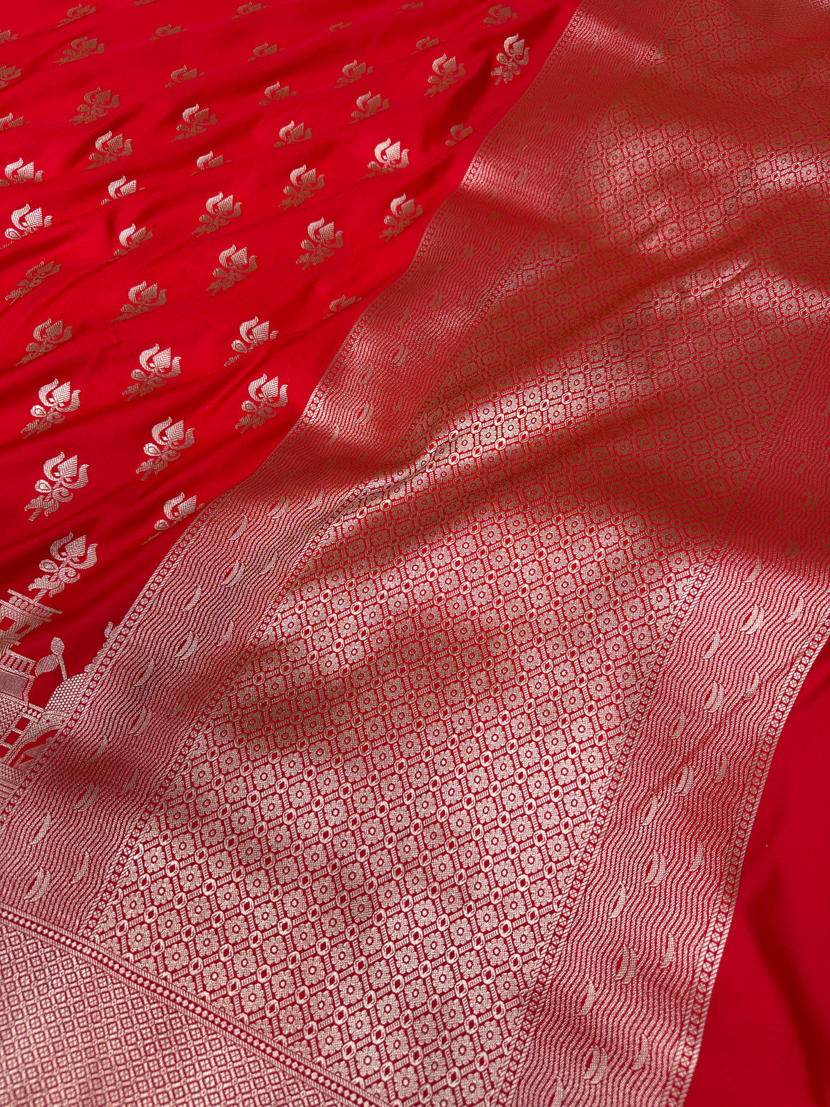 Ruby Red Trishul Ghat Banarasi Mashru Silk Saree