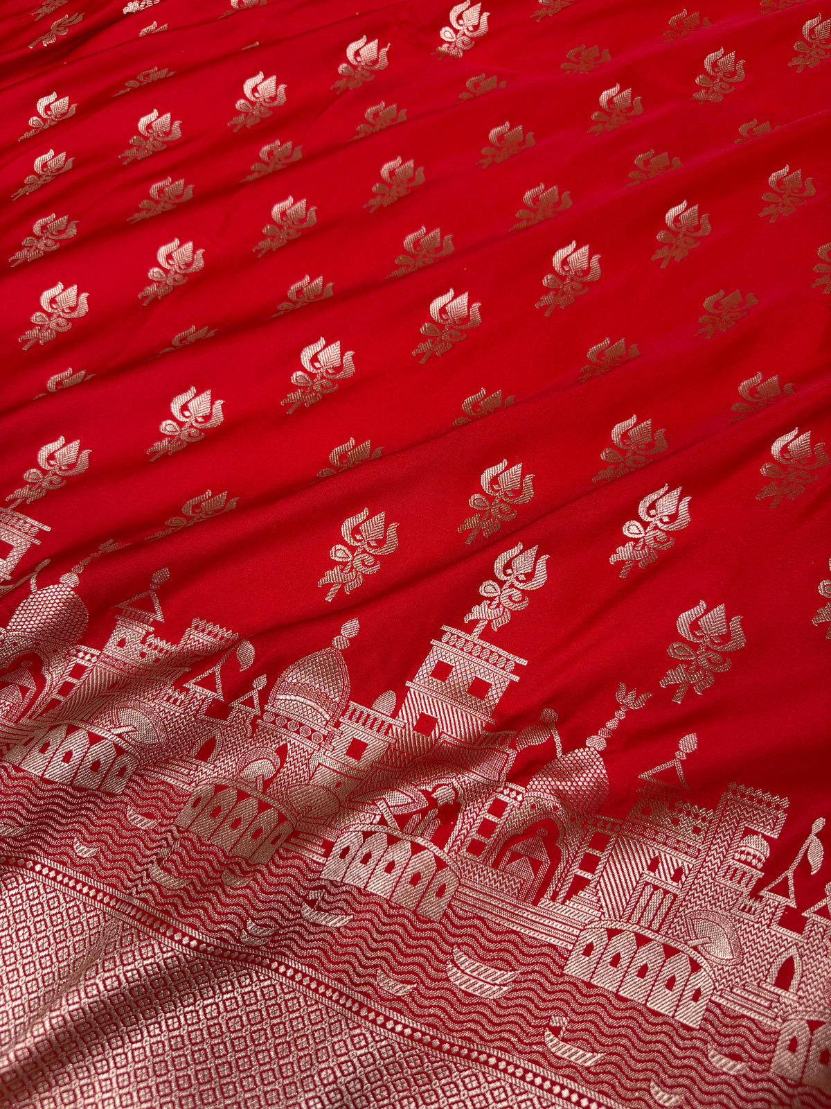 Ruby Red Trishul Ghat Banarasi Mashru Silk Saree