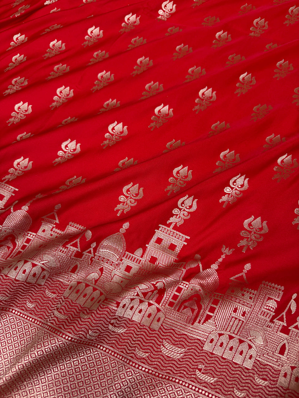 Ruby Red Trishul Ghat Banarasi Mashru Silk Saree