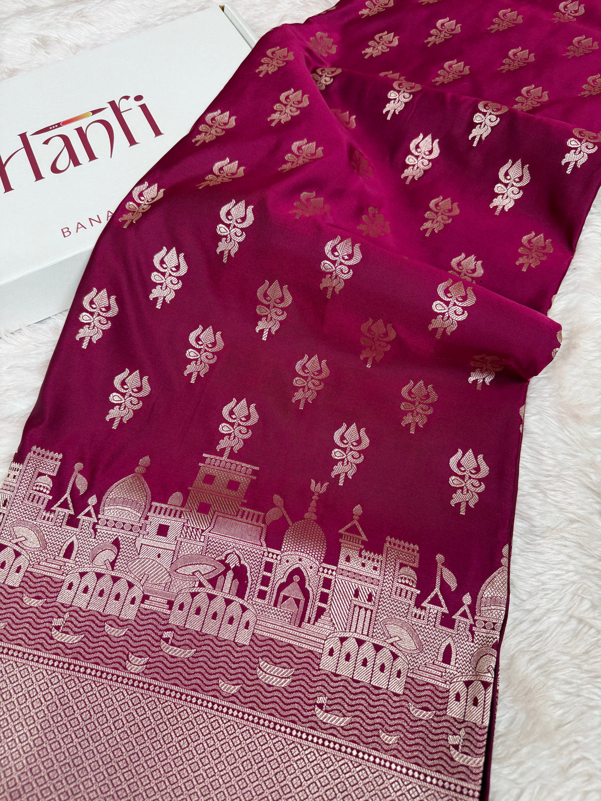 Magenta Wine Trishul Ghat Banarasi Mashru Silk Saree