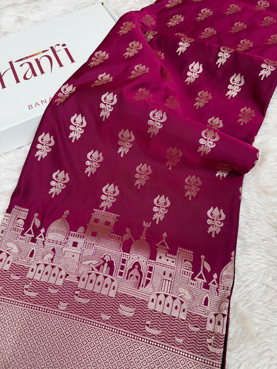 Magenta Wine Trishul Ghat Banarasi Mashru Silk Saree