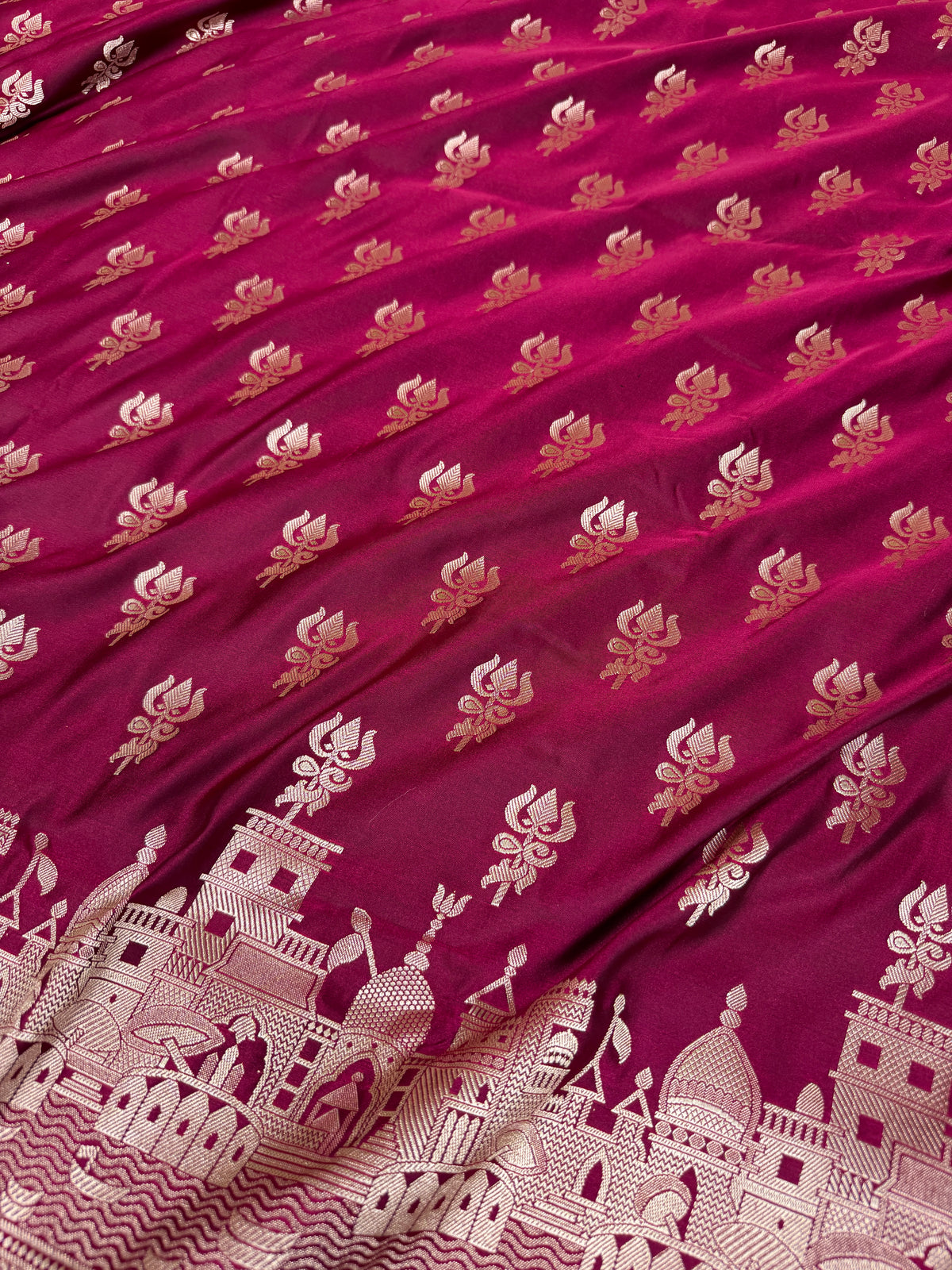 Magenta Wine Trishul Ghat Banarasi Mashru Silk Saree
