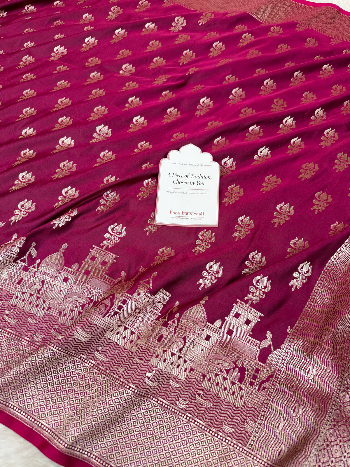 Magenta Wine Trishul Ghat Banarasi Mashru Silk Saree