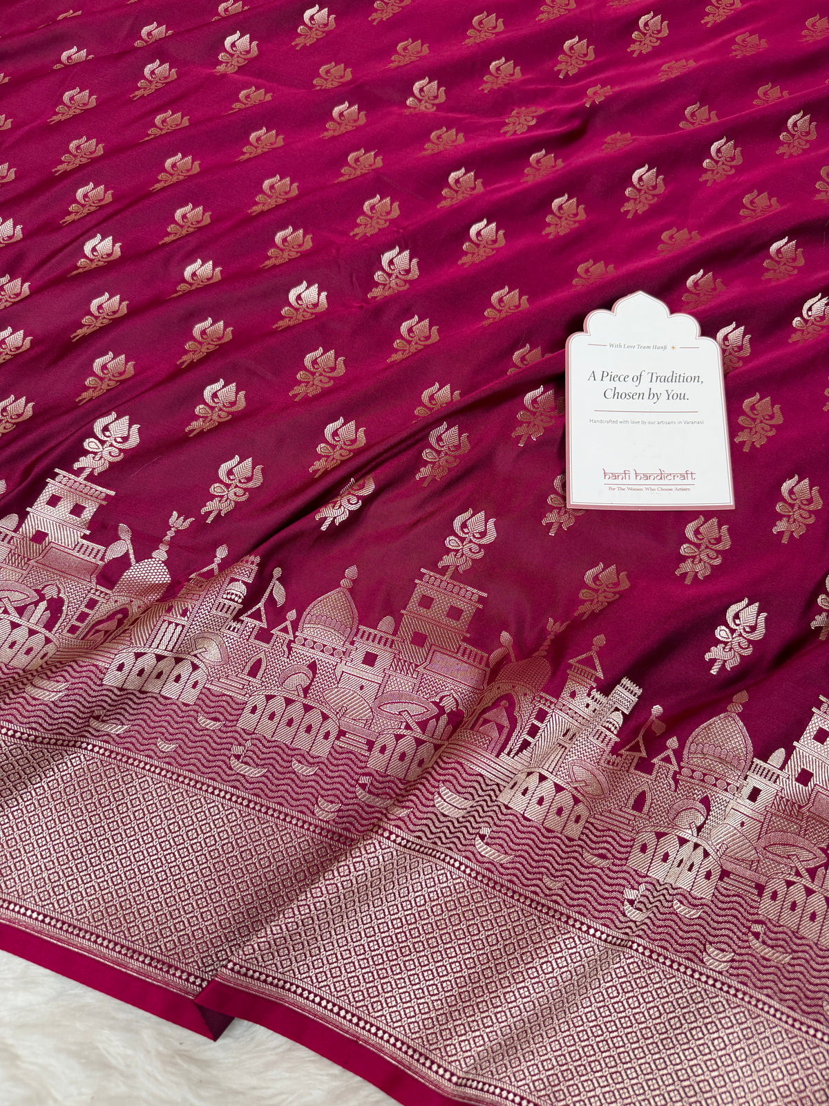 Magenta Wine Trishul Ghat Banarasi Mashru Silk Saree