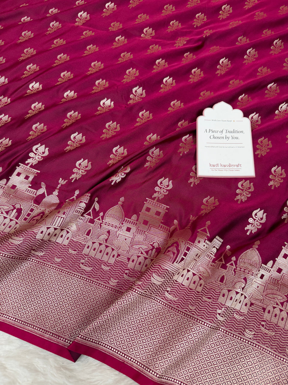 Magenta Wine Trishul Ghat Banarasi Mashru Silk Saree