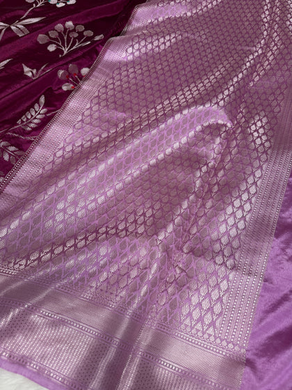 Wine Lavender Gulzaar Jaal Semi Katan Silk Banarasi Saree