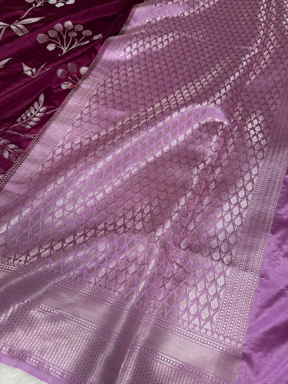 Wine Lavender Gulzaar Jaal Semi Katan Silk Banarasi Saree