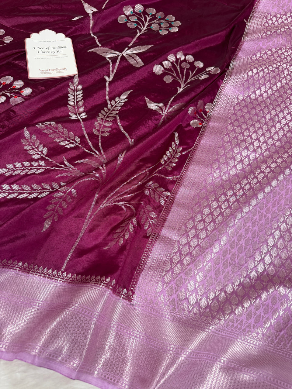 Wine Lavender Gulzaar Jaal Semi Katan Silk Banarasi Saree