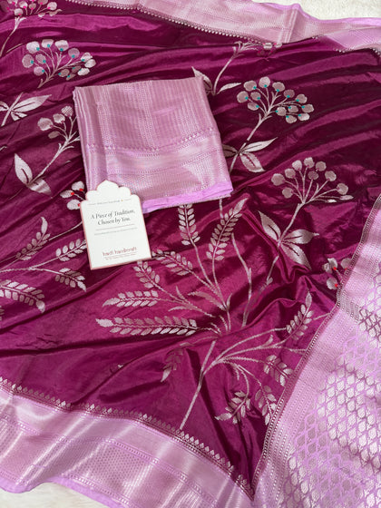 Wine Lavender Gulzaar Jaal Semi Katan Silk Banarasi Saree