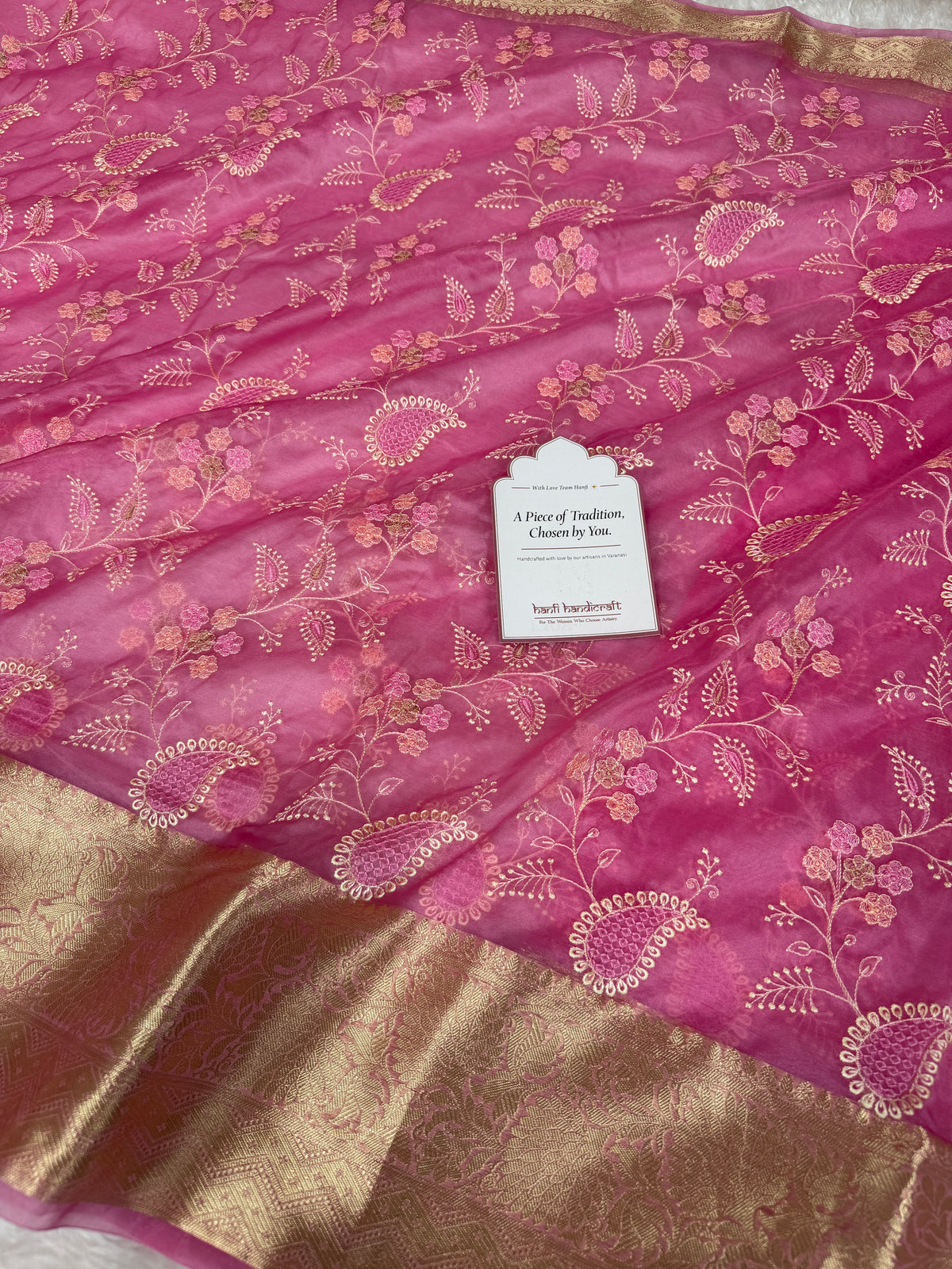 Raspberry Pink Chikankari Style Embroidered Kora Organza Saree