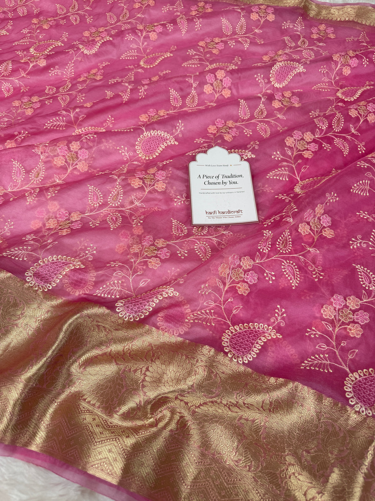 Raspberry Pink Chikankari Style Embroidered Kora Organza Saree