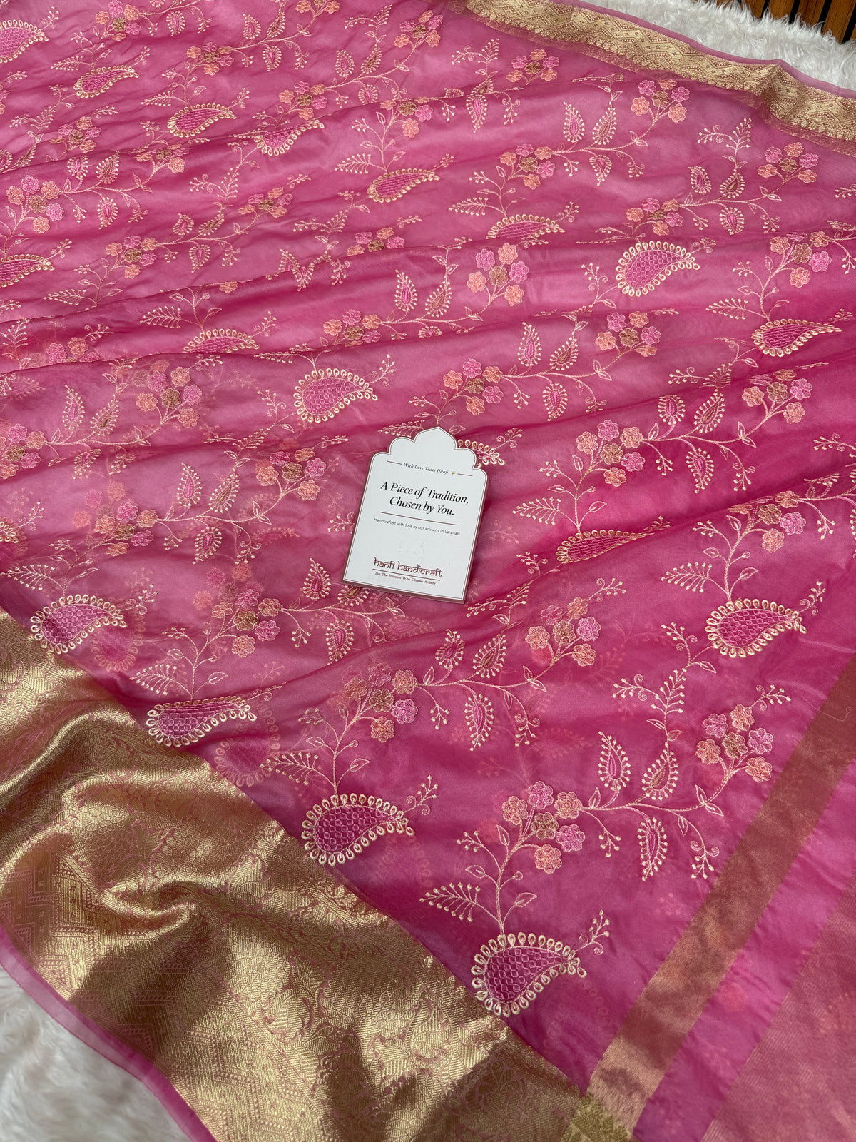 Raspberry Pink Chikankari Style Embroidered Kora Organza Saree