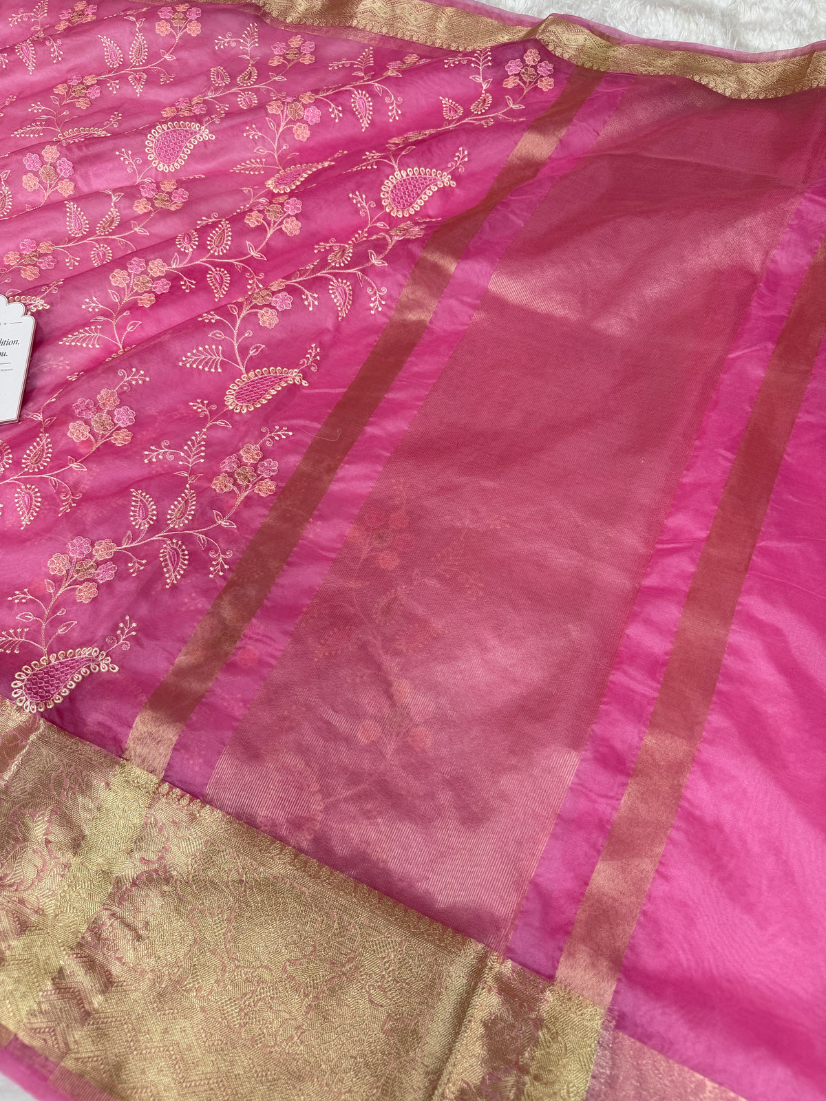 Raspberry Pink Chikankari Style Embroidered Kora Organza Saree