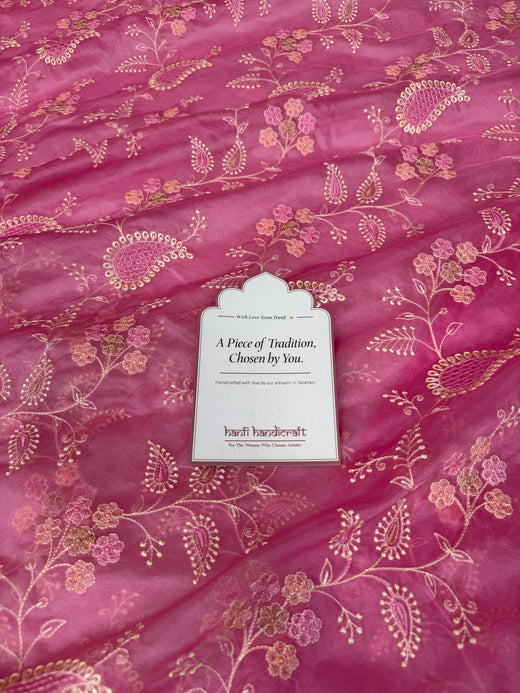 Raspberry Pink Chikankari Style Embroidered Kora Organza Saree