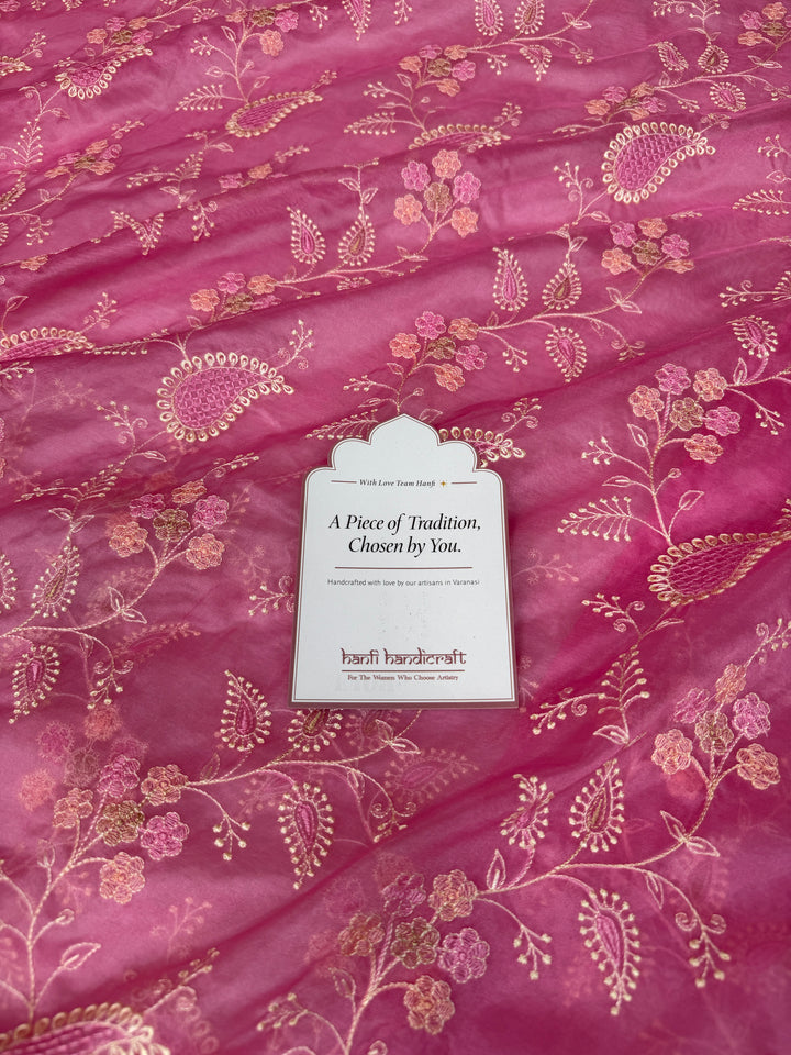 Raspberry Pink Chikankari Style Embroidered Kora Organza Saree