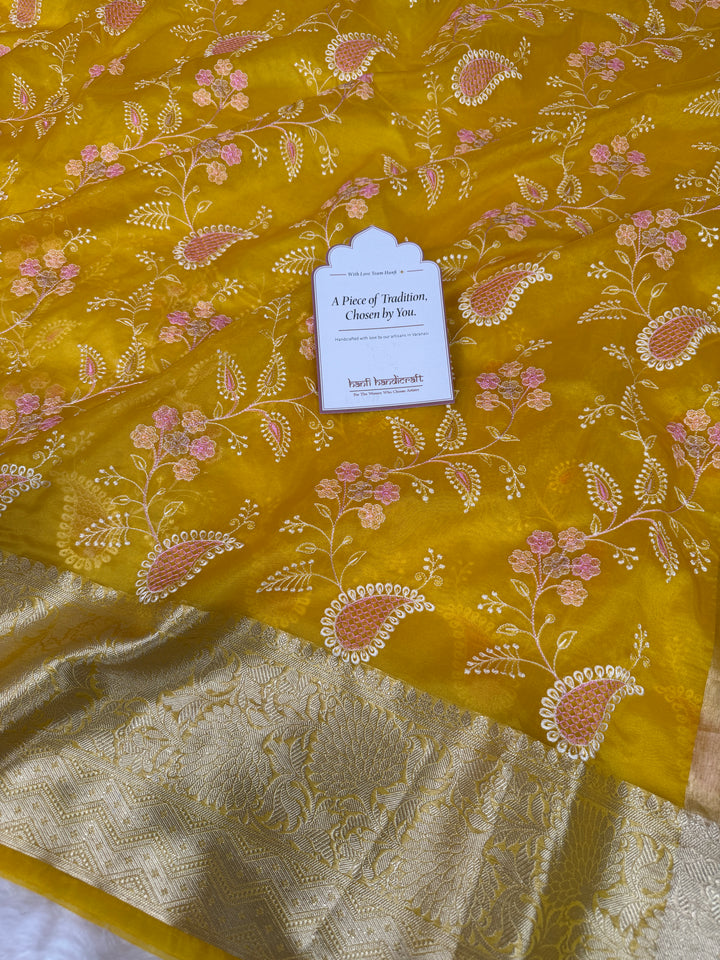 Yellow Gold Chikankari Style Embroidered Kora Organza Saree