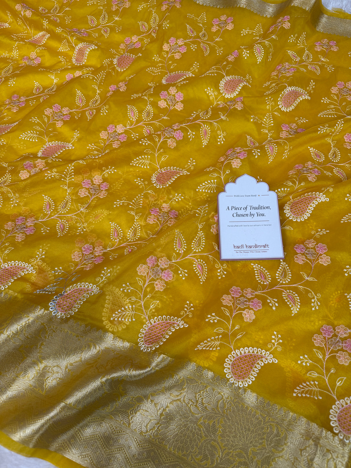 Yellow Gold Chikankari Style Embroidered Kora Organza Saree