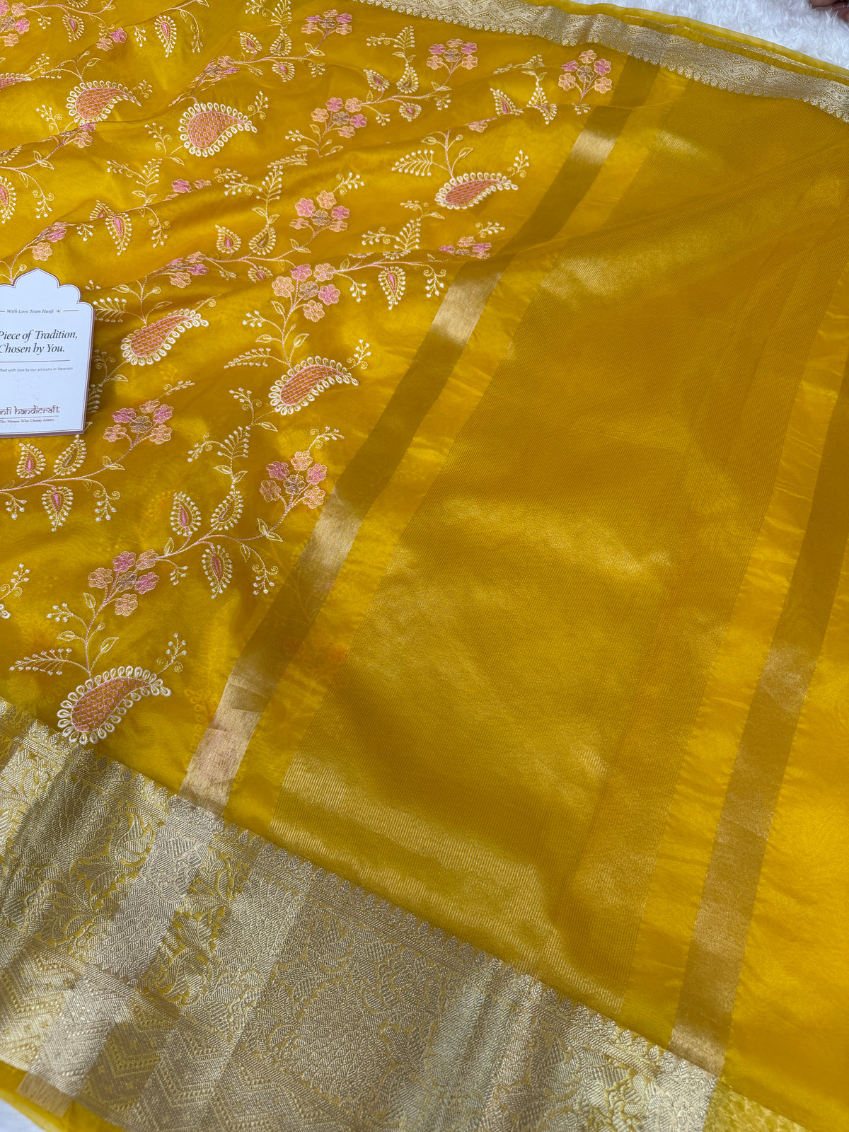 Yellow Gold Chikankari Style Embroidered Kora Organza Saree